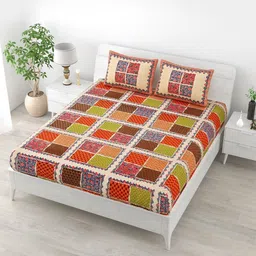 Aapno Rajasthan Cream Ethnic Motifs 120 TC Cotton Queen Bedsheet With 2 Pillow Covers-image-96