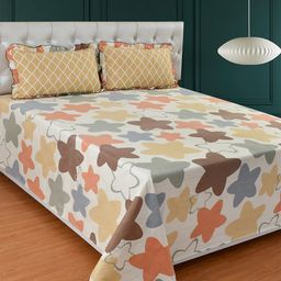 BREVARD White & Yellow Geometric Print 210 TC King Bedsheet With 2 Pillow Covers-14