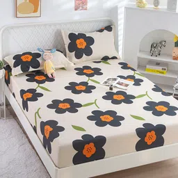 JC HOME Beige & Black Floral Printed 120 TC Queen Bedsheet & 2 Pillow Covers-image-80