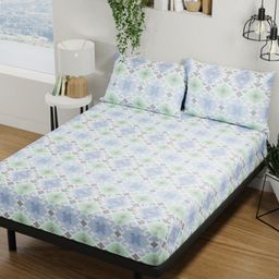 BIANCA Platinum Blue & Green Printed Pure Cotton 144 TC Queen Bedsheet & 2 Pillow Covers-image-8
