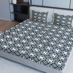 Aura Blue & White Ethnic Motifs Pure Cotton 200 TC Queen Bedsheet with 2 Pillow Covers-picture-30