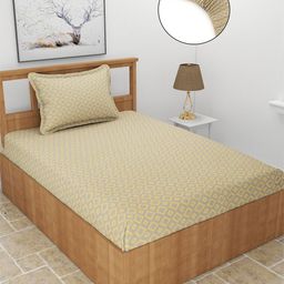 MORADO Grey & Beige Geometric 210 TC Fitted Single Bedsheet With 1 Pillow Cover-image-62