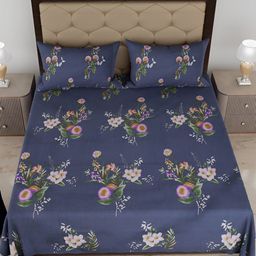 Comfowell Blue & White Floral Printed Cotton 210 TC King Bedsheet With 2 Pillow Covers-image-34