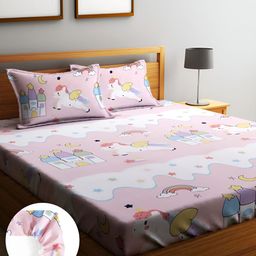 Home Sizzler Pink Cartoon Characters Fitted 144 TC King Bedsheet with 2 Pillow Covers-image-64