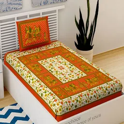 Aura Orange & White Floral Cotton 120 TC Single Bedsheet With 1 Pillow Cover-image-71