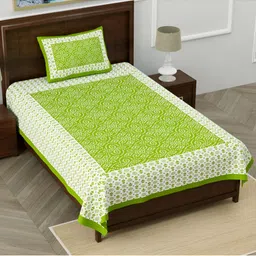 POORAK Green & White Ethnic Motifs Cotton104 TC Single Bedsheet with 1 Pillow Covers-image-17