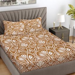FABINALIV Brown & White Floral 300 TC King Bedsheet with 2 Pillow Covers-94