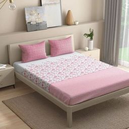 wakefit Florenza Pink & White Printed 144 TC Fitted Cotton King Bedsheet & 2 Pillow Covers-image-2