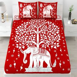 Runjhun Red & White Floral Printed 144 TC Cotton Queen Bedsheet Set-19