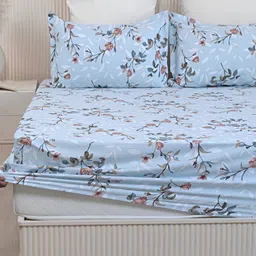 HOMEMONDE Blue & White Printed Cotton 210 TC Fitted King Bedsheet with 2 Pillow Covers-image-69