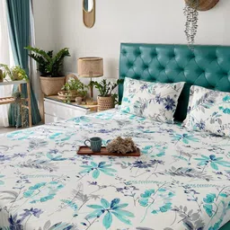 URBAN SPACE Serene White & Blue Printed 200 TC Pure Cotton King Bedsheet & Pillow Covers-image-34