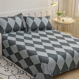JC HOME Grey & Black Geometric 140 TC King Bedsheet with 2 Pillow Covers-picture-46