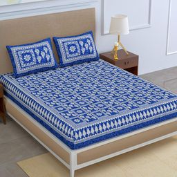 SheetKart Jaipuri Blue & White Printed Cotton 144 TC Queen Bedsheet with 2 Pillow Covers-image-13