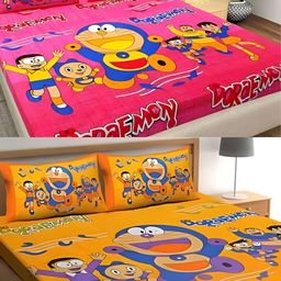 Runjhun Pink & Mustard Floral 144 TC 2 Queen Bedsheet with 4 Pillow Covers-image-74