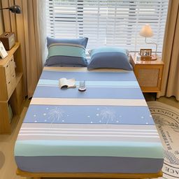JC HOME Blue Striped Fitted 230 TC Cotton Queen Bedsheet with 2 Pillow Covers-image-69