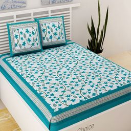 UNIQCHOICE Turquoise Blue Floral Printed Cotton 120 TC Queen Bedsheet With 2 Pillow Covers-image-83