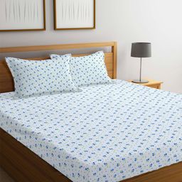 FABINALIV White & Blue Floral Printed 300 TC Fitted King Bedsheet & 2 Pillow Covers-image-14