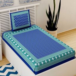 UNIQCHOICE Blue Printed Cotton 120 TC Single Bedsheet With 1 Pillow Covers-image-95