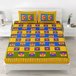 Aapno Rajasthan Mustard & Blue Floral 120 TC Cotton Queen Bedsheet With 2 Pillow Covers-image-99