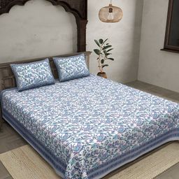JAIPUR FABRIC White & Blue Floral Cotton 120 TC King Bedsheet with 2 Pillow Covers-51