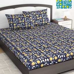 Divine Casa Set Of 2 Navy Blue & Green Floral 144 TC King Bedsheet with 4 Pillow Covers-10
