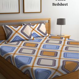 Arrabi White & Brown Geometric 300 TC Fitted King Bedsheet with 2 Pillow Covers-10