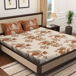 KLOTTHE Beige & Brown Printed 300TC Fitted Double King Bedsheet & 2 Pillow Covers-image-37