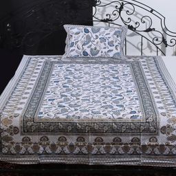 Exotic India Blue & White Floral 300 TC Cotton Single Bedsheet With 1 Pillow Cover-image-86