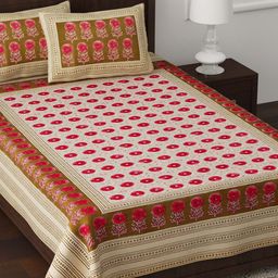 JAIPUR FABRIC Brown & Red Floral 180 TC Single Pure Cotton Bedsheet with 2 Pillow Covers-1