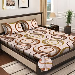 KLOTTHE Brown & Beige Geometric Printed 300 TC Fitted Double Bedsheet With 2 Pillow Covers-16