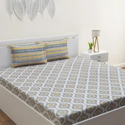 HOME AFFAIRS Cream-Coloured & Grey Ethnic Motifs 144 TC Queen Bedsheet & 2 Pillow Covers-8