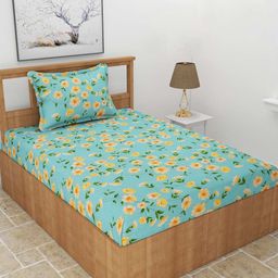 BREVARD Turquoise Blue & Yellow Floral 210 TC Fitted Single Bedsheet with 1 Pillow Cover-image-93