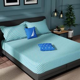 Nautica Blue & Green Geometric Pure Cotton 150 TC King Bedsheet With 2 Pillow Covers-image-68