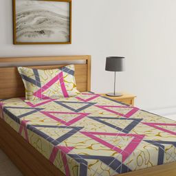 KLOTTHE Pink & Blue Printed Fitted 300 TC Single Bedsheet & Pillow Cover-image-77
