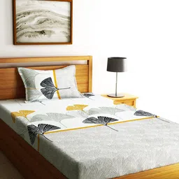 Home Sizzler Off White & Grey Floral Cotton 210 TC Single Bedsheet with 2 Pillow Covers-image-98