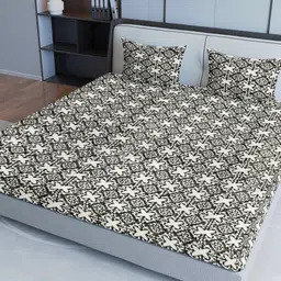 Sangria Grey & White Ethnic-Printed 200TC Pure-Cotton King Bedsheet Set-picture-4