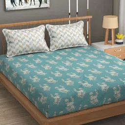 Florida Blue & Green Floral Cotton 144 TC Fitted King Bedsheet With 2 Pillow Covers-image-26