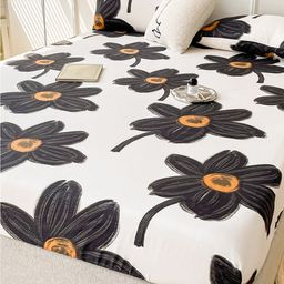 JC HOME White & Black Floral Printed 150 TC Fitted Single Bedsheet & Pillow Cover-image-55