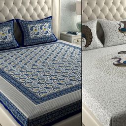 LA VERNE Blue & White Geometric 104 TC 2 Queen Bedsheet with 4 Pillow Covers-image-55