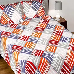 Kuber Industries White & Orange Geometric Cotton 144 TC King Bedsheet With 2 Pillow Covers-94