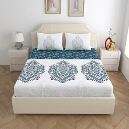 Dreamscape Blue & White Ethnic Motifs 200TC King Fitted Bedsheet with 2 Pillow Covers-picture-0