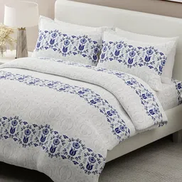 Boutique Living India White & Blue Ethnic Motifs 200 TC Egyptian Cotton King Bedsheet with 2 Pillow Covers-picture-6