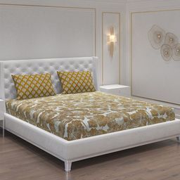 Moca By Monte Carlo Sferra Khaki Floral Cotton 144 TC Queen Bedsheet & 2 Pillow Covers-image-75