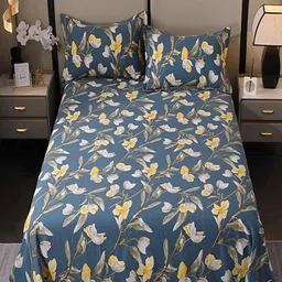 JC HOME Blue & Yellow Floral Printed 220 TC King Bedsheet with 2 Pillow Covers-image-90