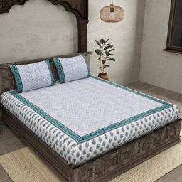 JAIPUR FABRIC Blue & White Queen Bedsheet with 2 Pillow Covers-37
