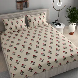 FINE TEX WORLD Cream & Green Floral 210 TC Fitted King Bedsheet With 2 Pillow Covers-image-40
