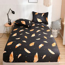 JC HOME Black & Orange Floral 140 TC Fitted Queen Bedsheet with 2 Pillow Covers-image-98