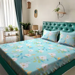 KLOTTHE Book Fold Green & White Floral 300TC Fitted King Bedsheet With 2 Pillow Covers-image-40