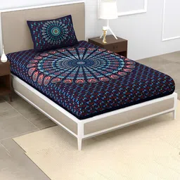 POORAK Blue & Red Floral Cotton 104 TC Single Bedsheet with 1 Pillow Covers-image-76