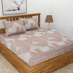 MORADO Brown & White Geometric Polycotton 210 TC Queen Bedsheet With 2 Pillow Covers-image-59